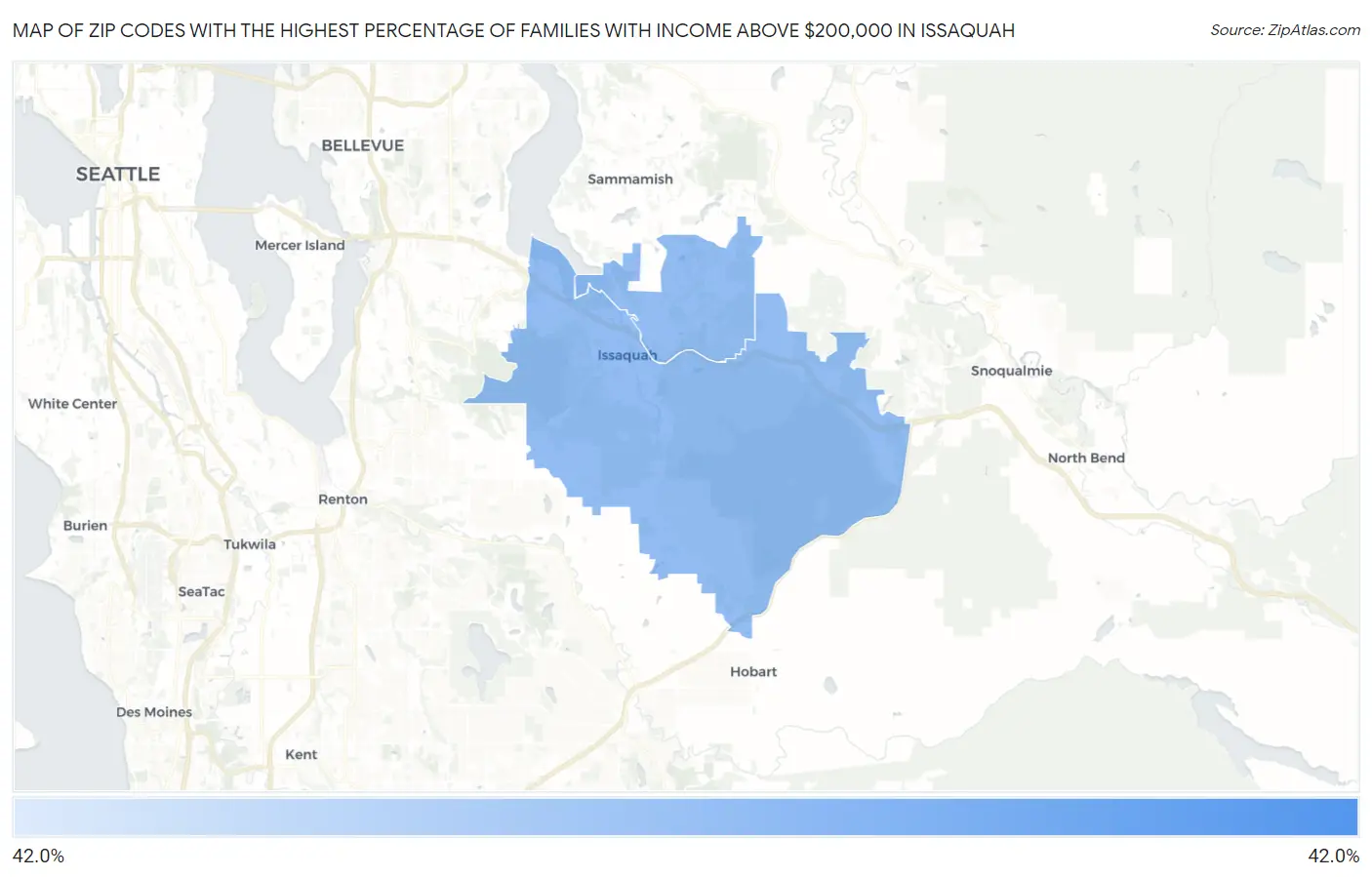 Zip Codes with the Highest Percentage of Families with Income Above $200,000 in Issaquah Map