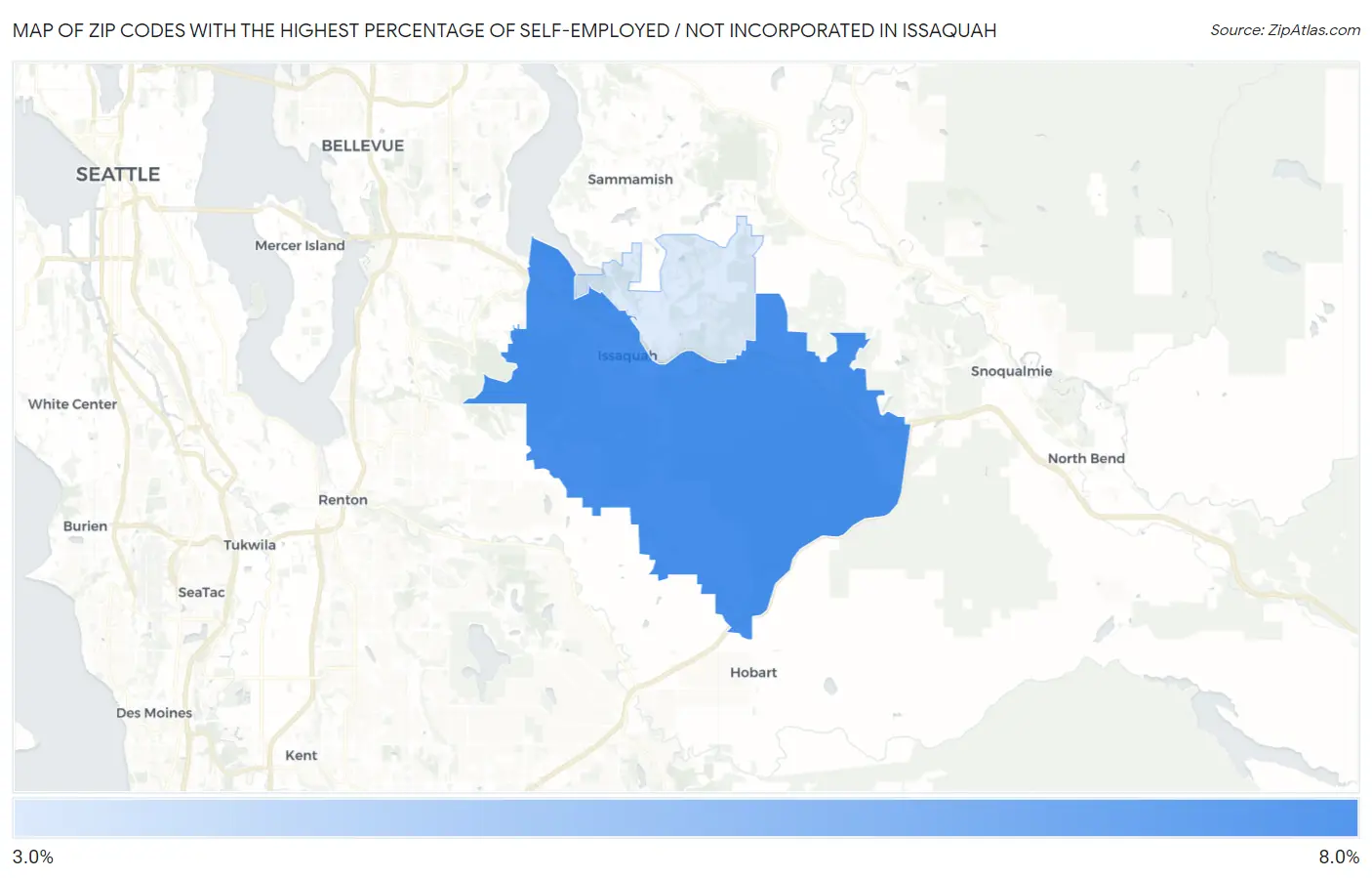 Zip Codes with the Highest Percentage of Self-Employed / Not Incorporated in Issaquah Map