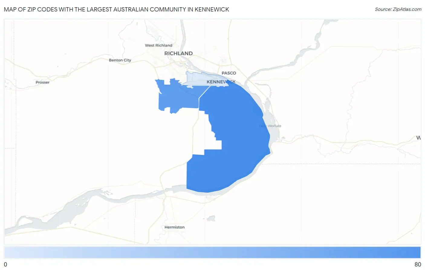 Zip Codes with the Largest Australian Community in Kennewick Map