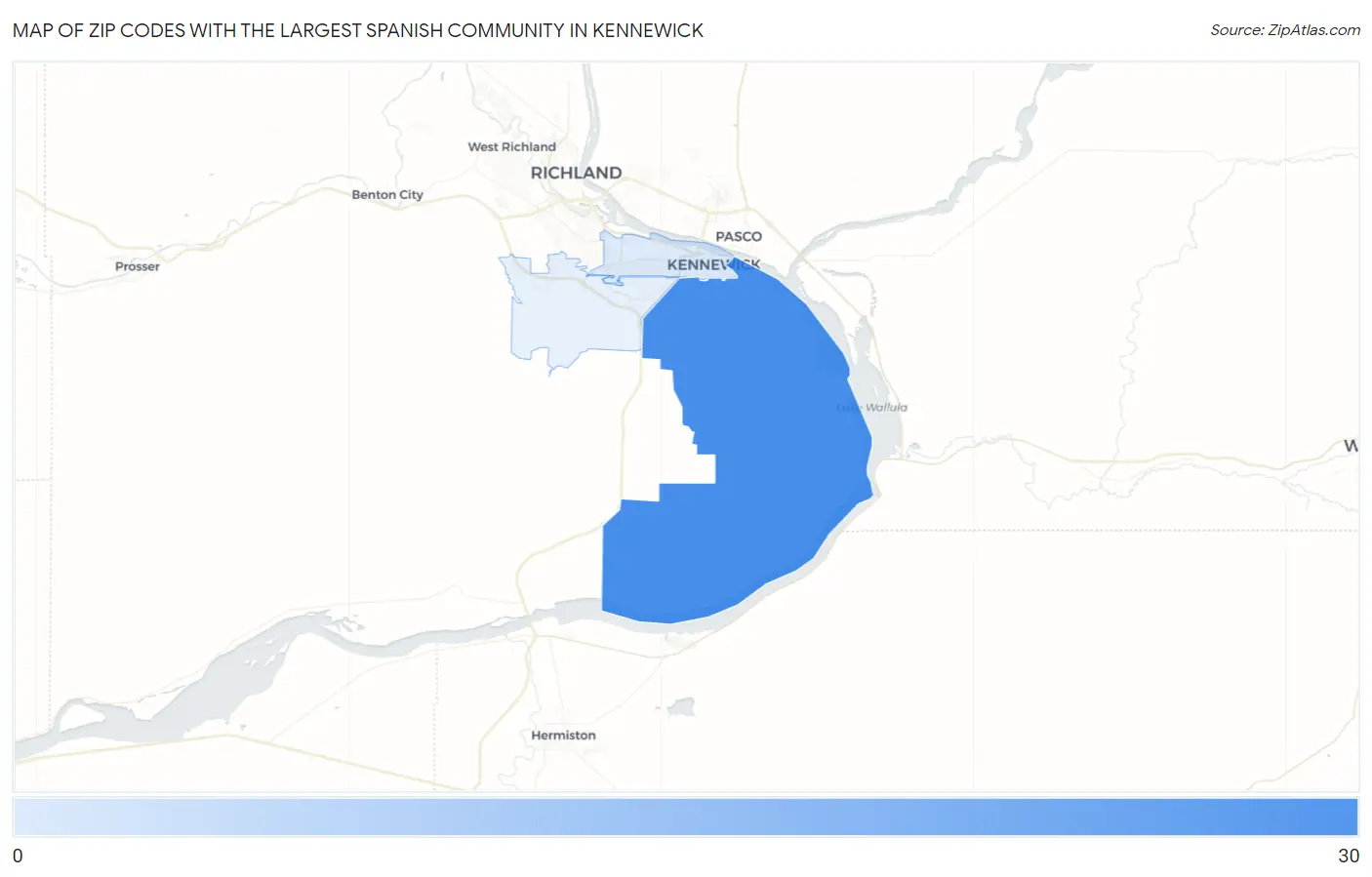 Zip Codes with the Largest Spanish Community in Kennewick Map