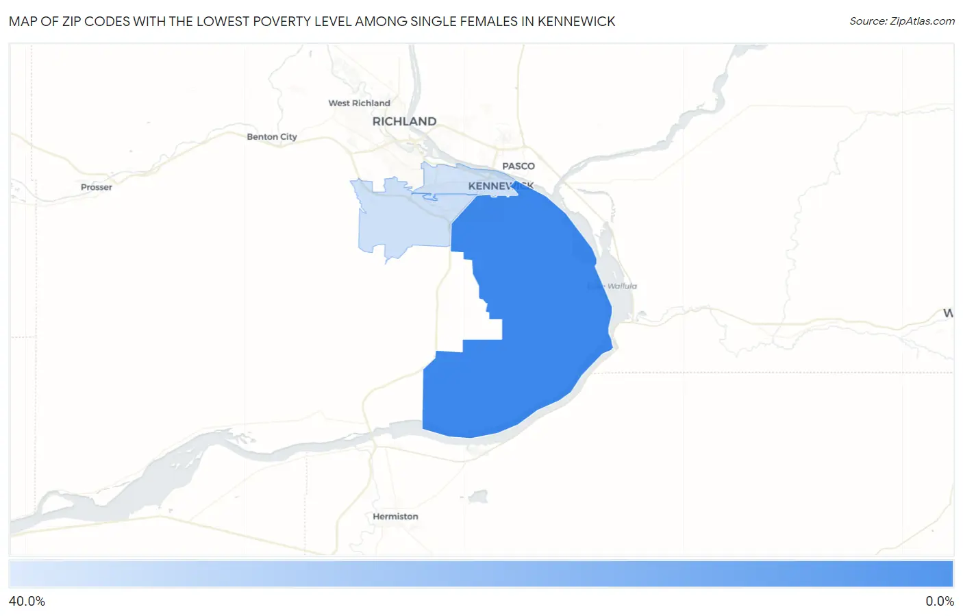Zip Codes with the Lowest Poverty Level Among Single Females in Kennewick Map