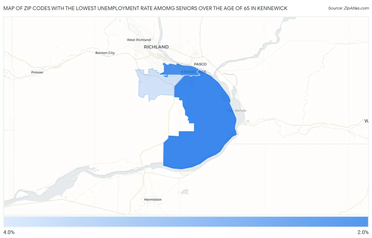 Zip Codes with the Lowest Unemployment Rate Amomg Seniors Over the Age of 65 in Kennewick Map