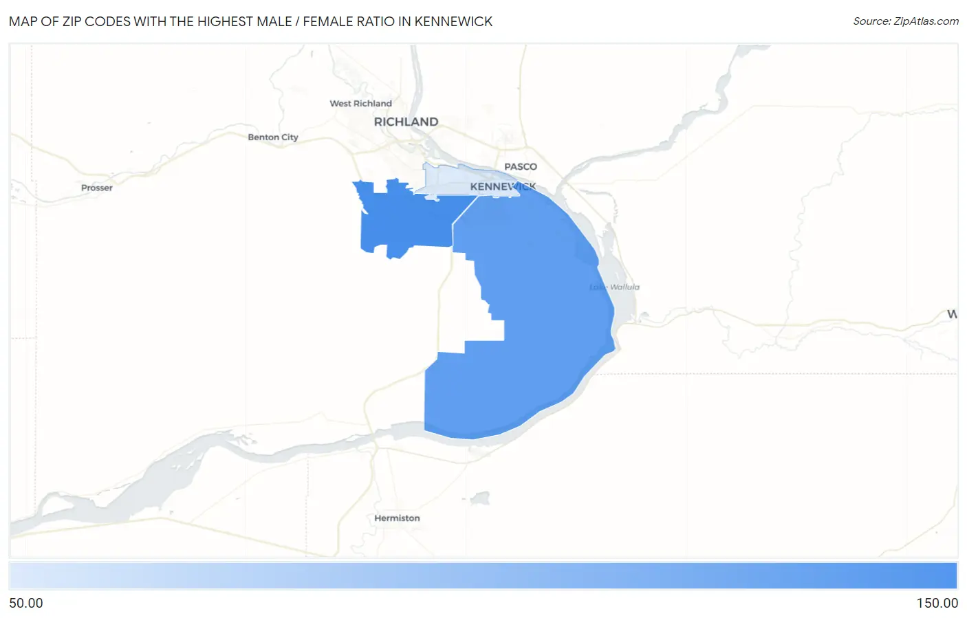 Zip Codes with the Highest Male / Female Ratio in Kennewick Map