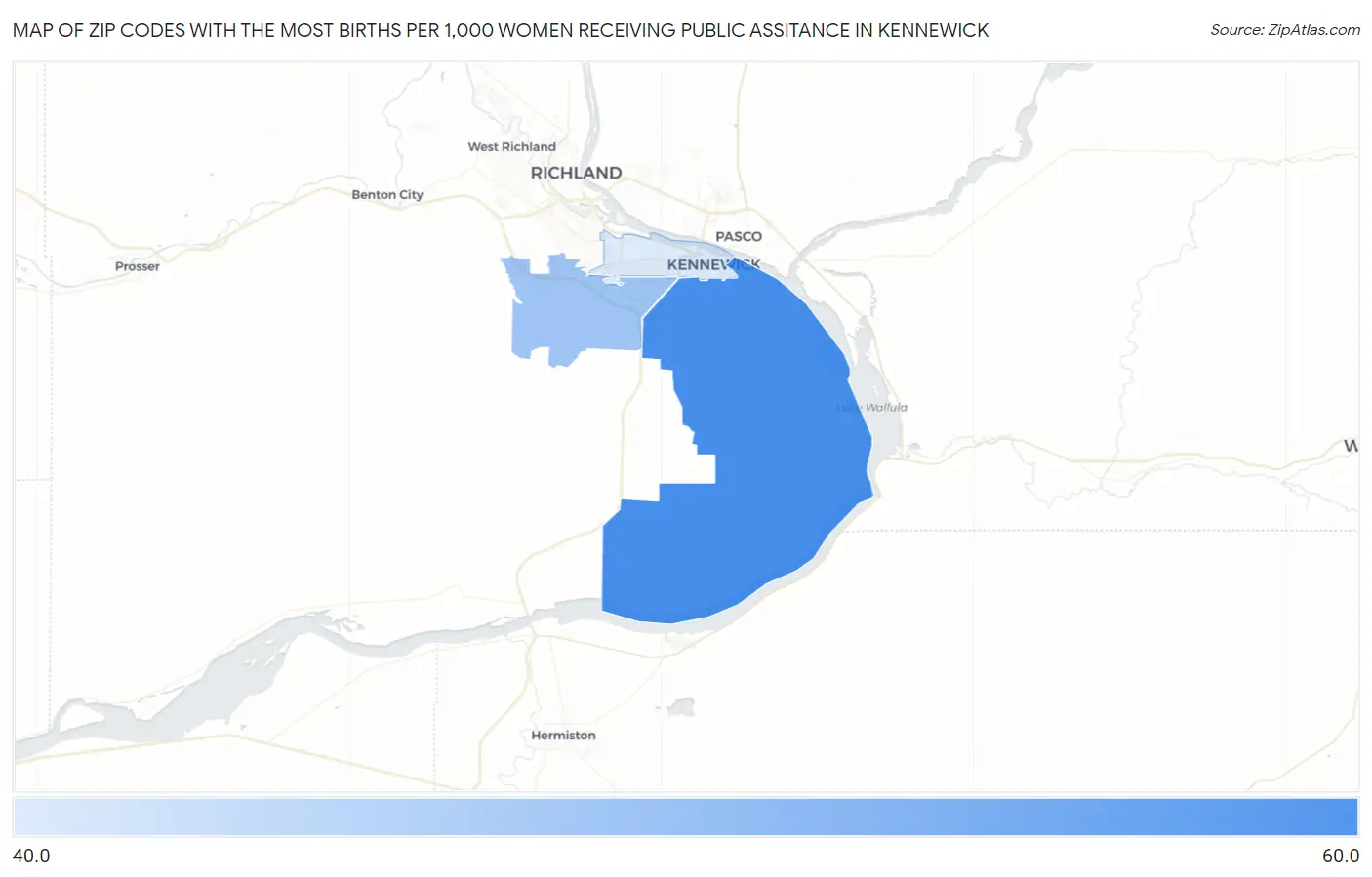 Zip Codes with the Most Births per 1,000 Women Receiving Public Assitance in Kennewick Map