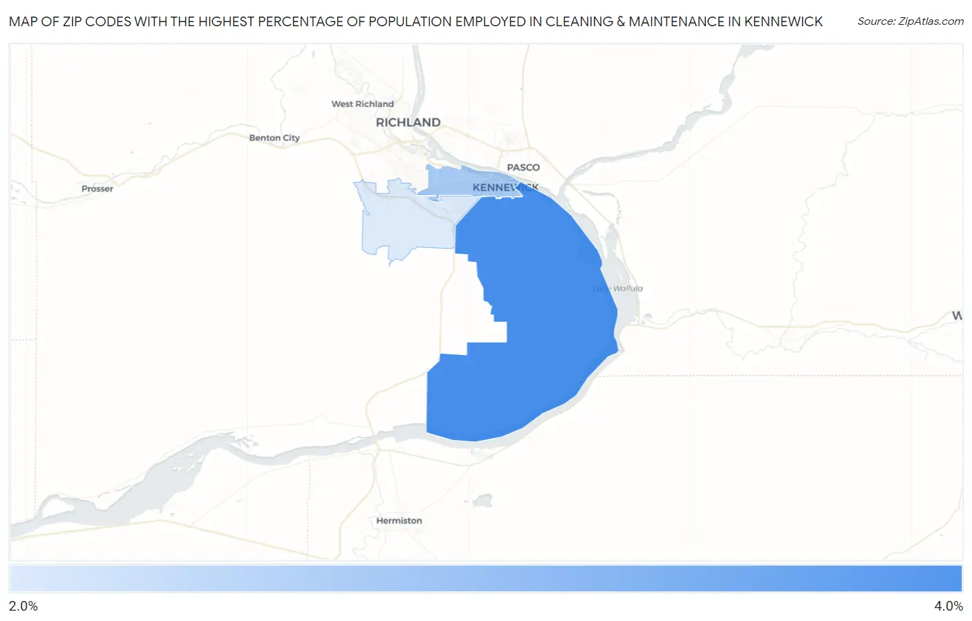 Zip Codes with the Highest Percentage of Population Employed in Cleaning & Maintenance in Kennewick Map