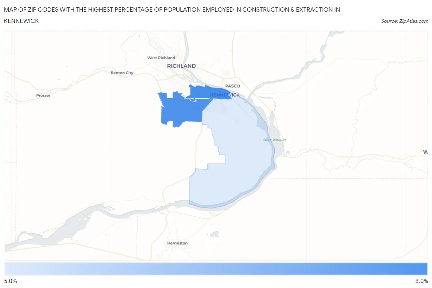 Zip Codes with the Highest Percentage of Population Employed in Construction & Extraction in Kennewick Map