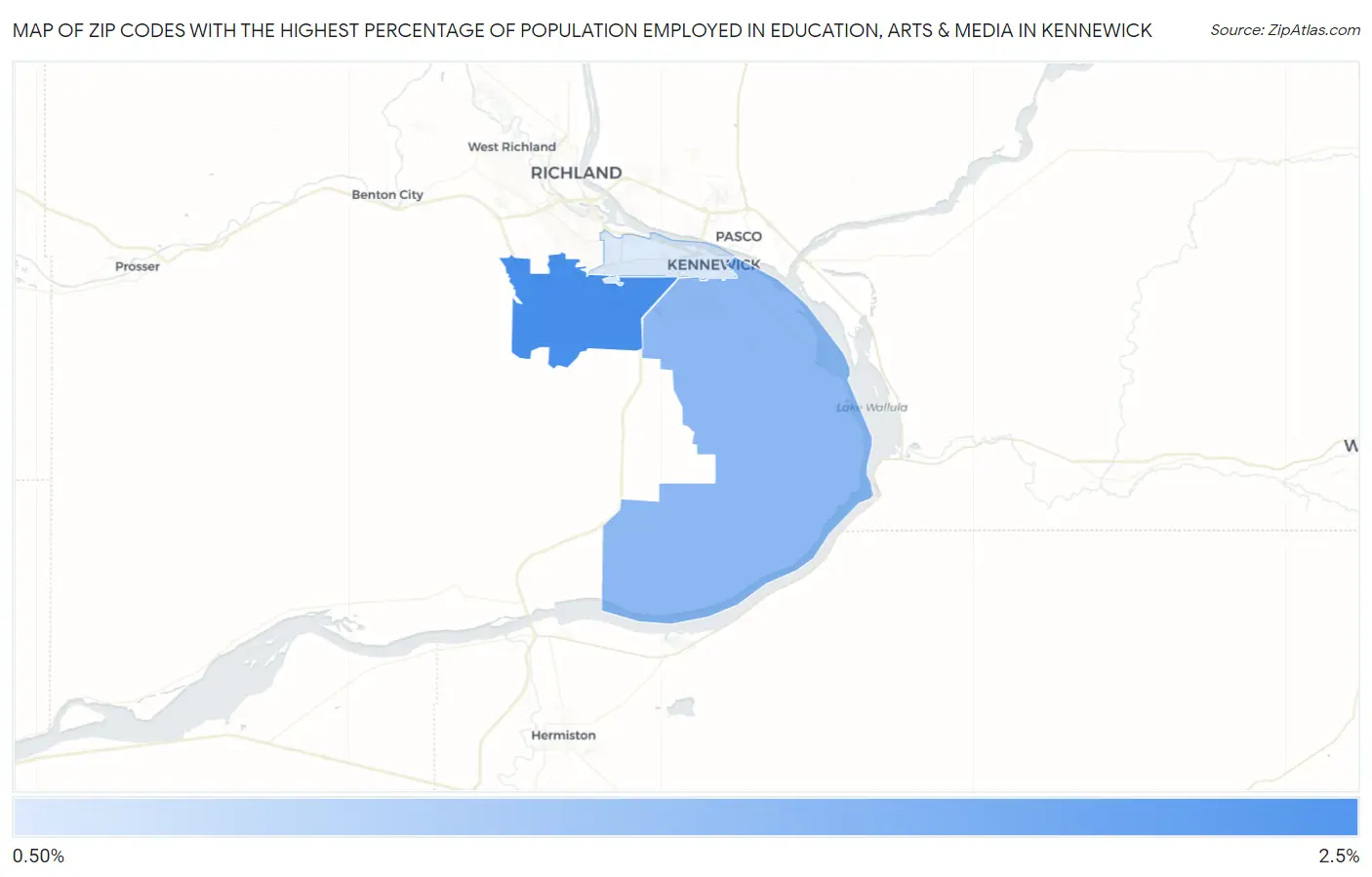 Zip Codes with the Highest Percentage of Population Employed in Education, Arts & Media in Kennewick Map