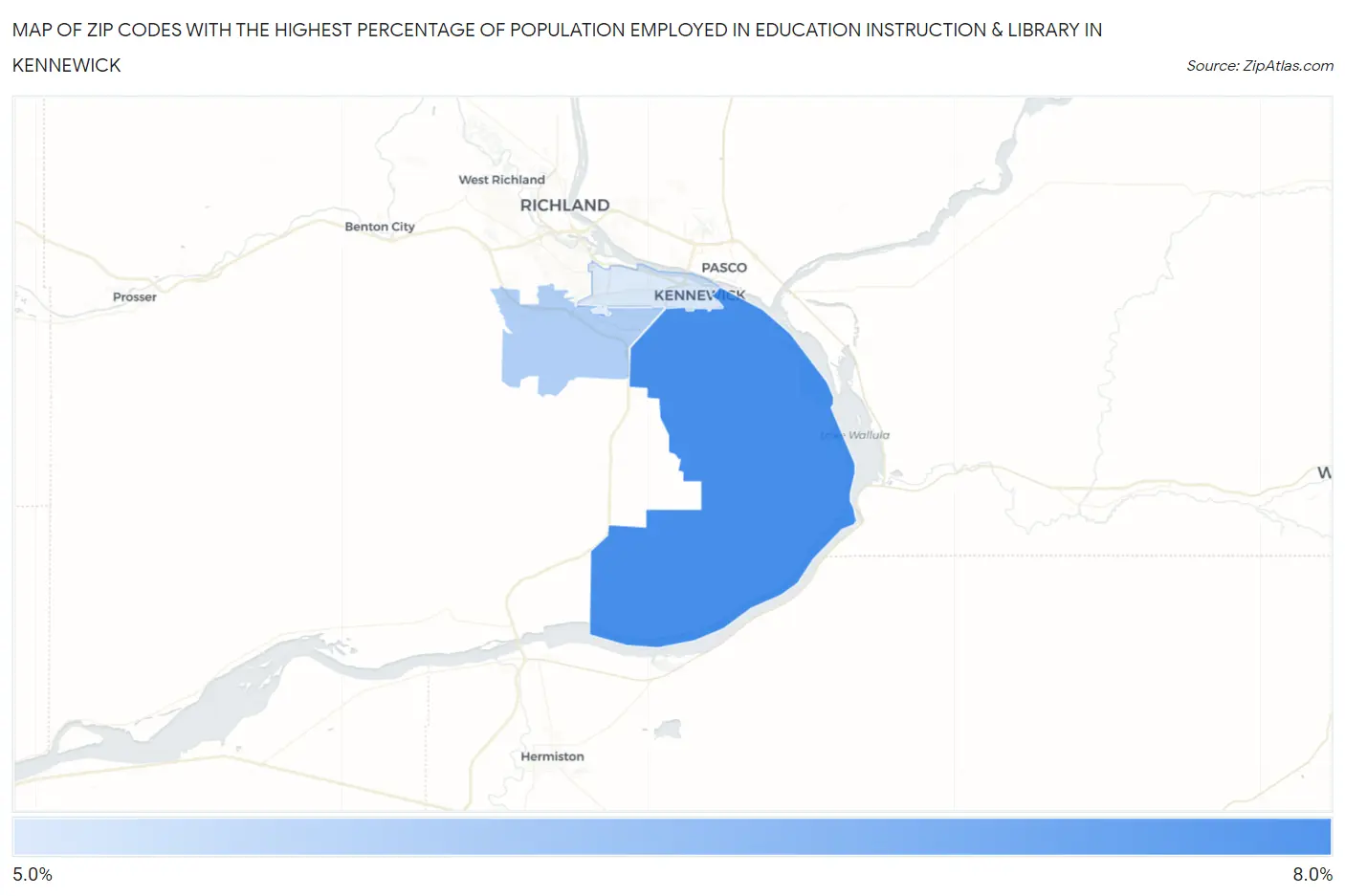 Zip Codes with the Highest Percentage of Population Employed in Education Instruction & Library in Kennewick Map