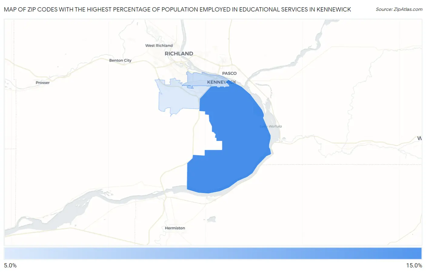 Zip Codes with the Highest Percentage of Population Employed in Educational Services in Kennewick Map