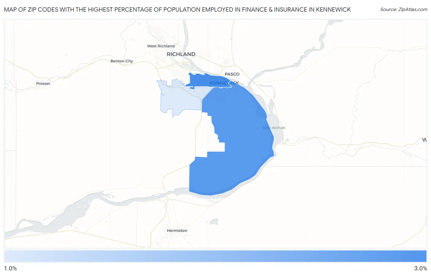 Zip Codes with the Highest Percentage of Population Employed in Finance & Insurance in Kennewick Map