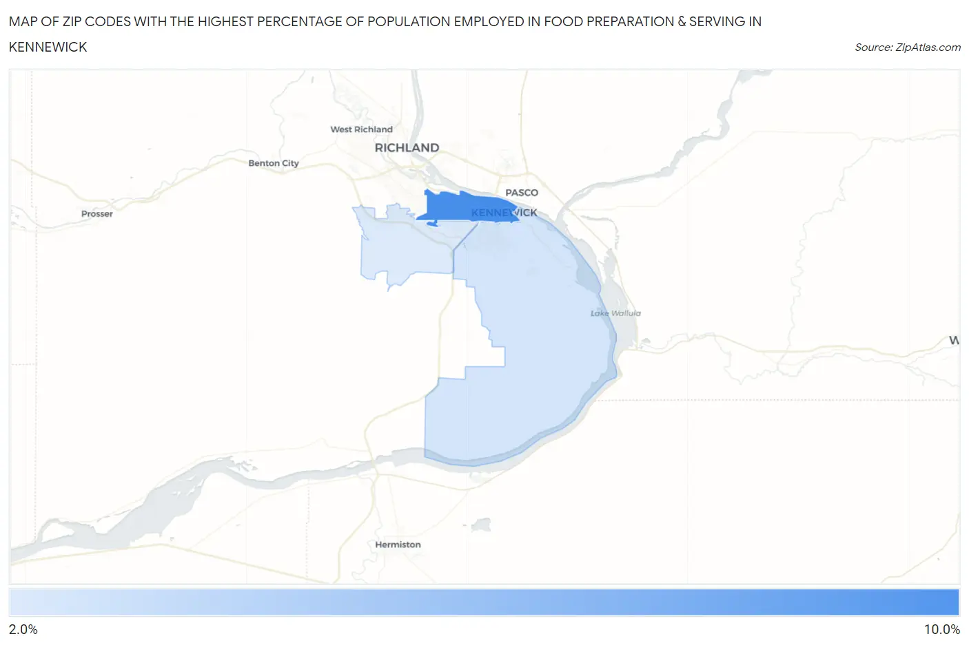 Zip Codes with the Highest Percentage of Population Employed in Food Preparation & Serving in Kennewick Map