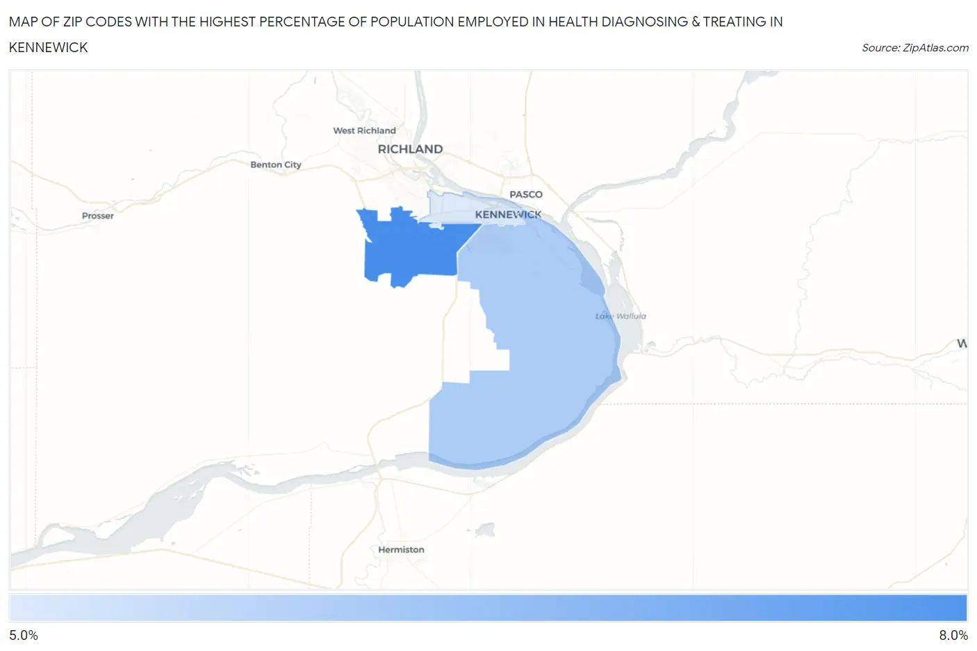 Zip Codes with the Highest Percentage of Population Employed in Health Diagnosing & Treating in Kennewick Map