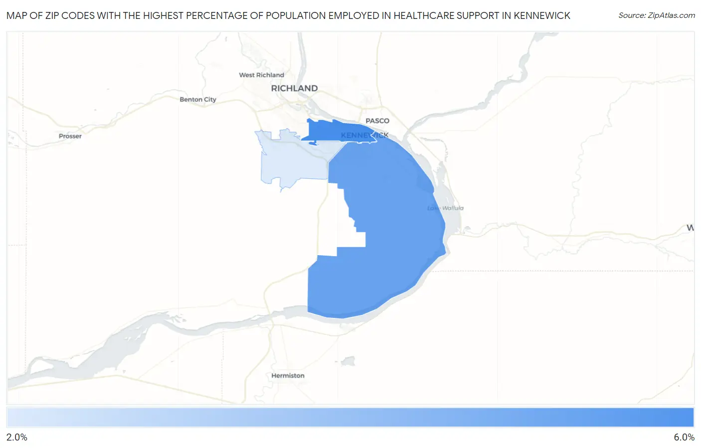 Zip Codes with the Highest Percentage of Population Employed in Healthcare Support in Kennewick Map