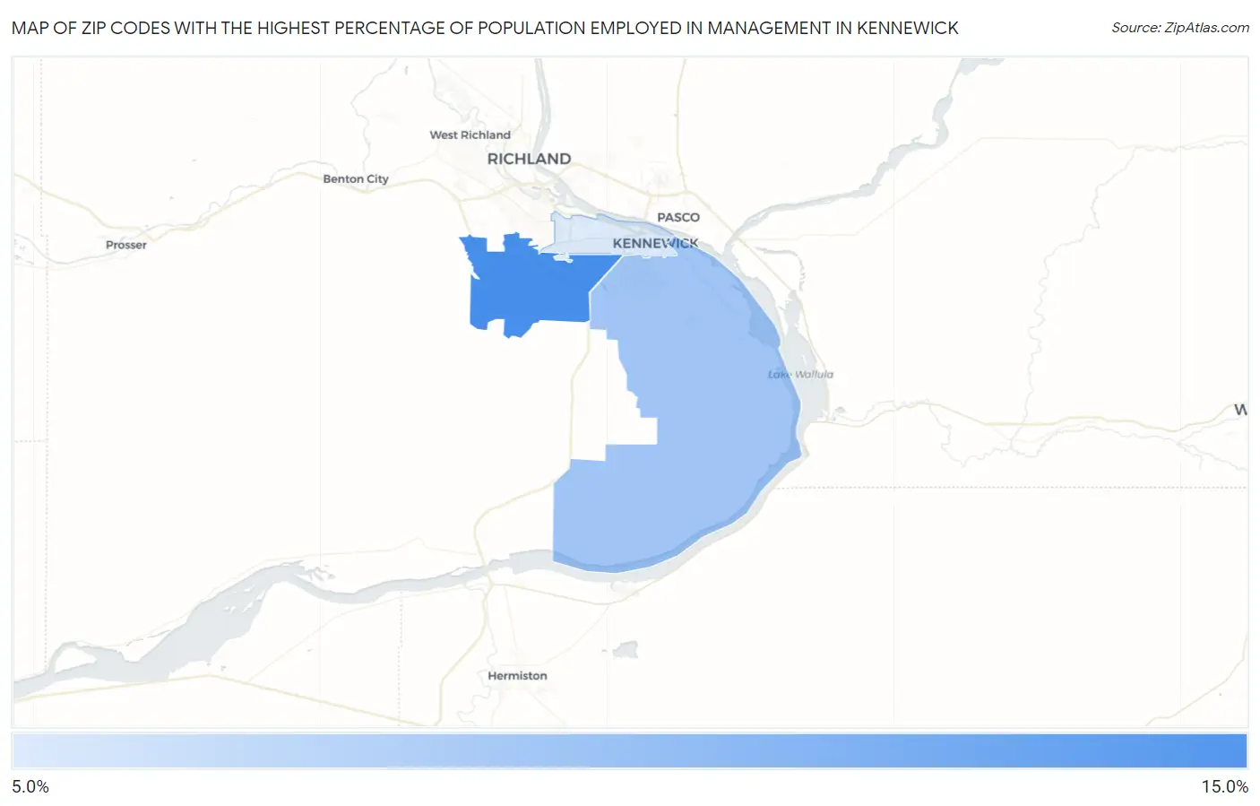 Zip Codes with the Highest Percentage of Population Employed in Management in Kennewick Map