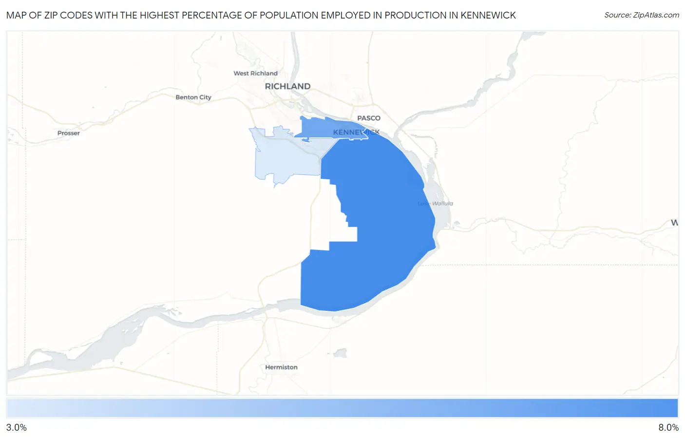 Zip Codes with the Highest Percentage of Population Employed in Production in Kennewick Map