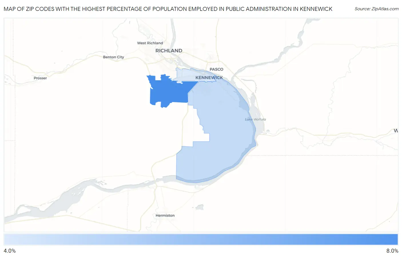 Zip Codes with the Highest Percentage of Population Employed in Public Administration in Kennewick Map
