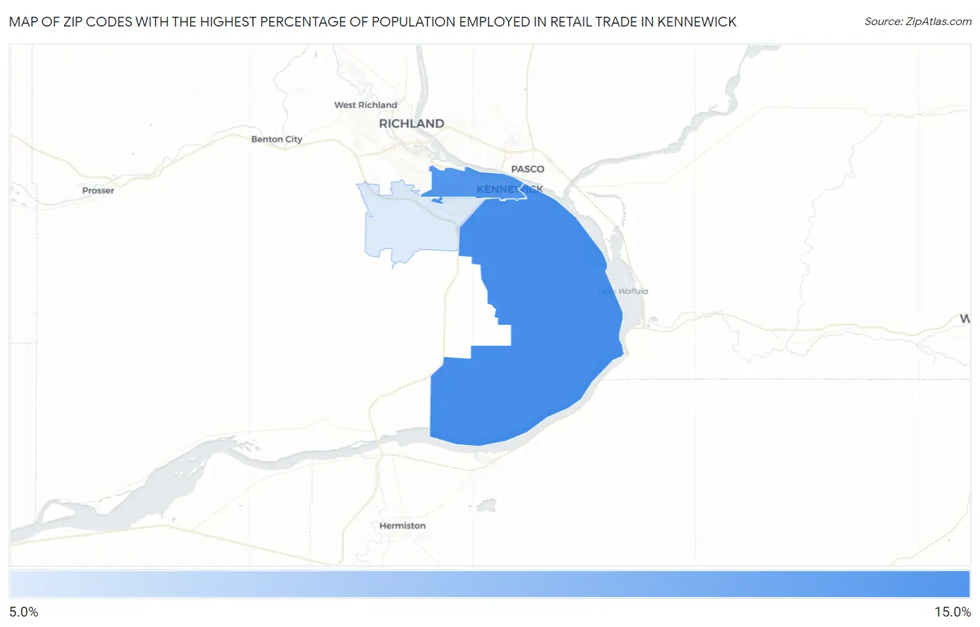 Zip Codes with the Highest Percentage of Population Employed in Retail Trade in Kennewick Map