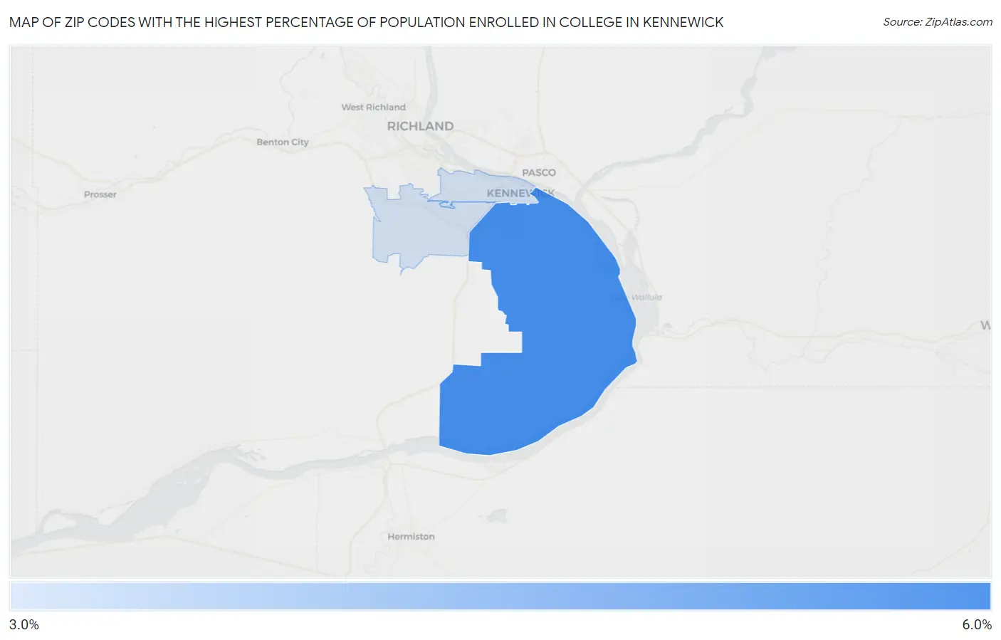 Zip Codes with the Highest Percentage of Population Enrolled in College in Kennewick Map