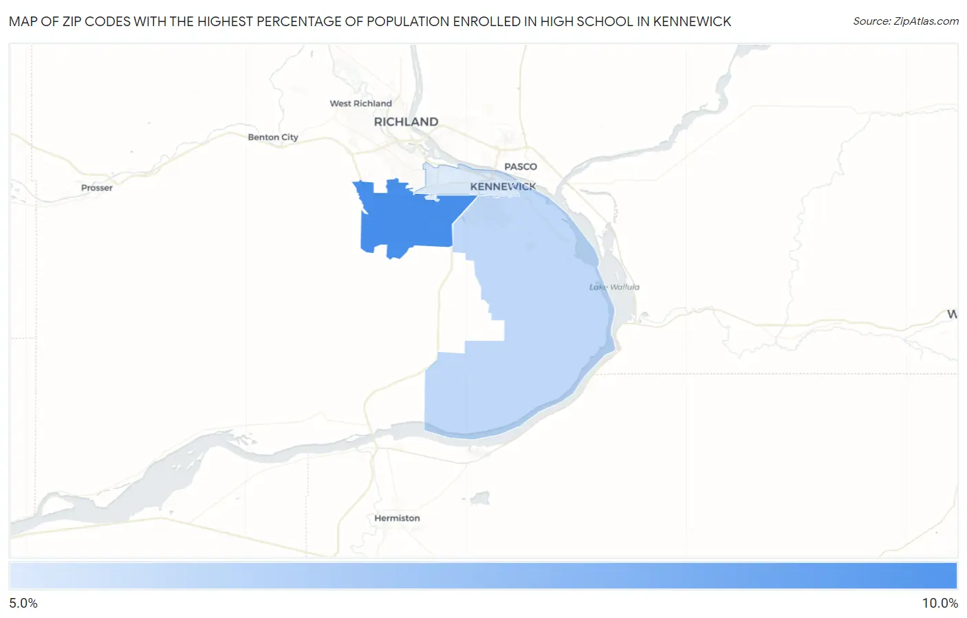 Zip Codes with the Highest Percentage of Population Enrolled in High School in Kennewick Map