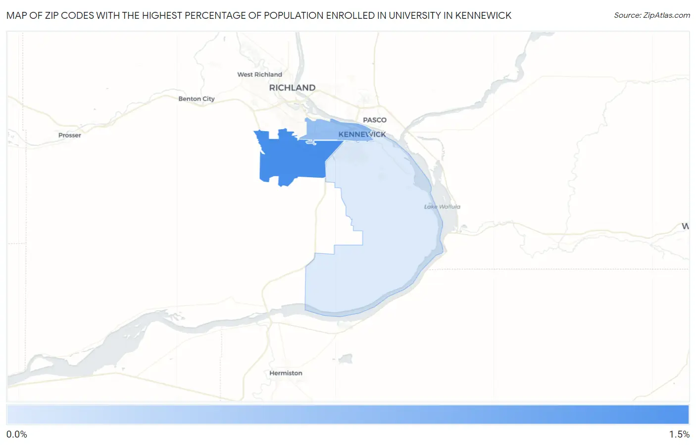 Zip Codes with the Highest Percentage of Population Enrolled in University in Kennewick Map