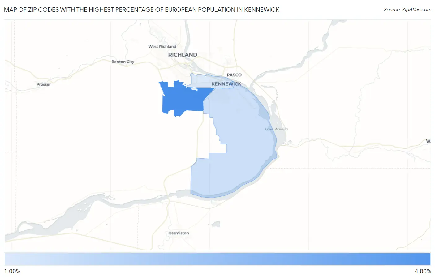 Zip Codes with the Highest Percentage of European Population in Kennewick Map