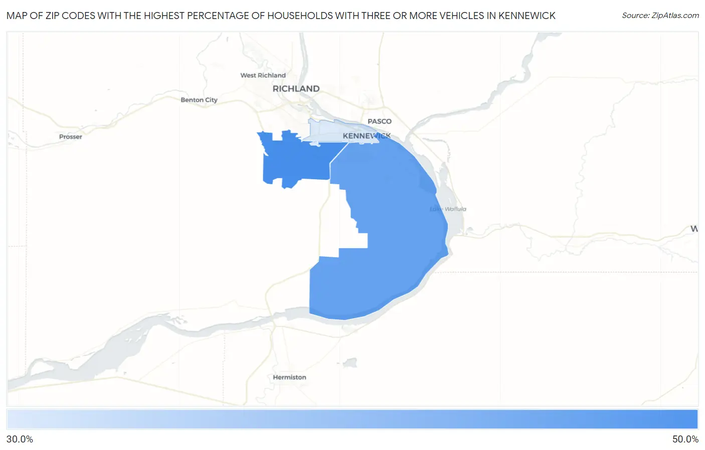 Zip Codes with the Highest Percentage of Households With Three or more Vehicles in Kennewick Map