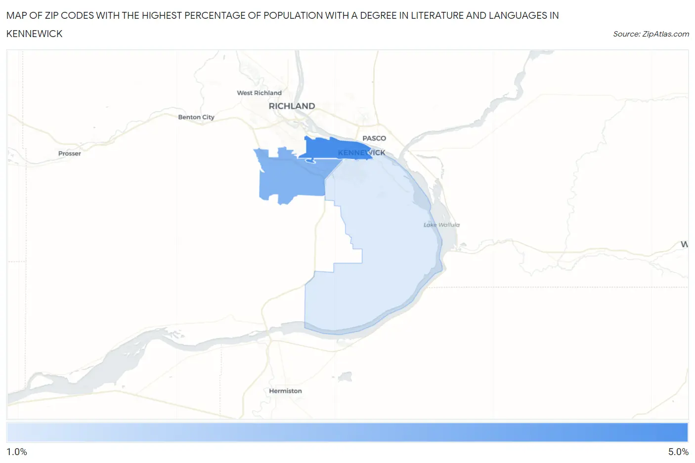 Zip Codes with the Highest Percentage of Population with a Degree in Literature and Languages in Kennewick Map