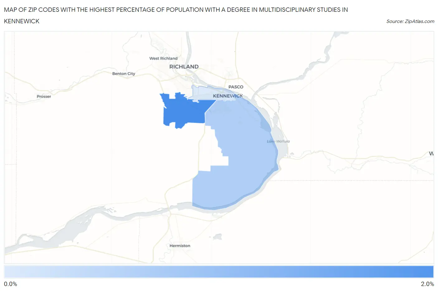 Zip Codes with the Highest Percentage of Population with a Degree in Multidisciplinary Studies in Kennewick Map