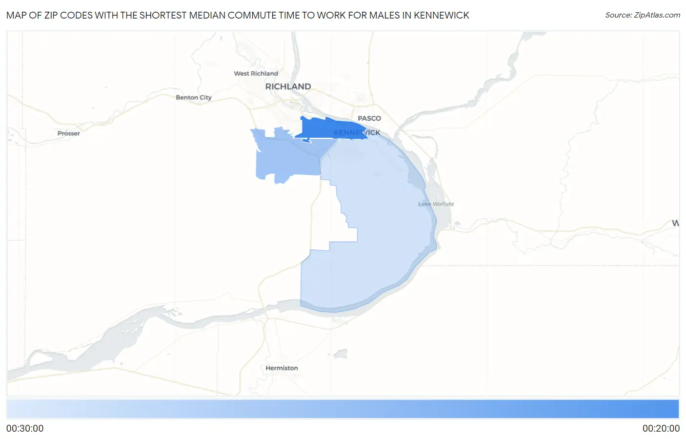 Zip Codes with the Shortest Median Commute Time to Work for Males in Kennewick Map