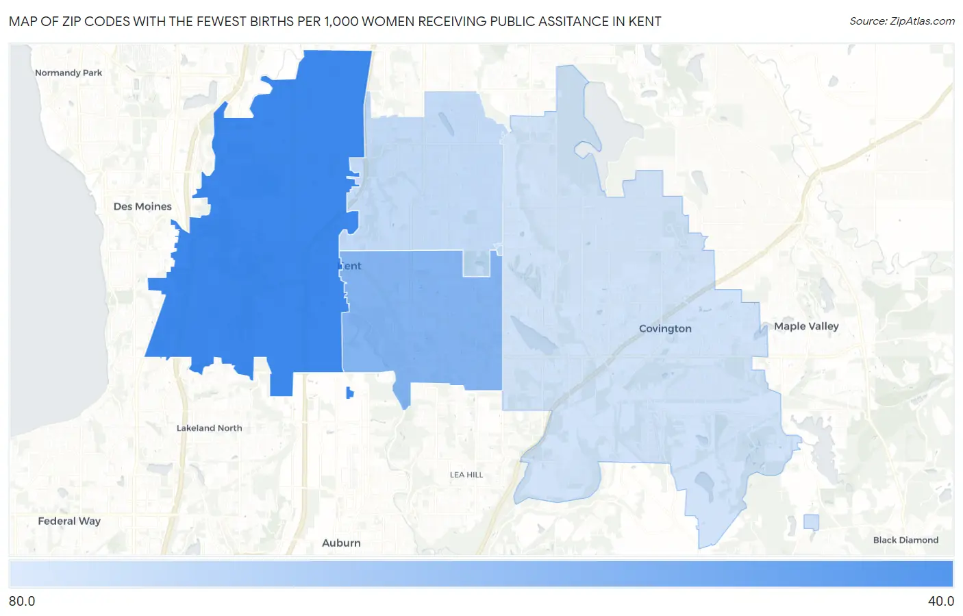 Zip Codes with the Fewest Births per 1,000 Women Receiving Public Assitance in Kent Map