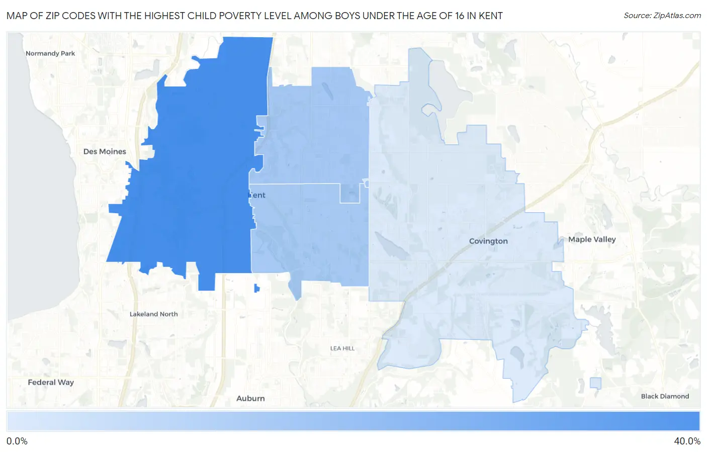 Zip Codes with the Highest Child Poverty Level Among Boys Under the Age of 16 in Kent Map