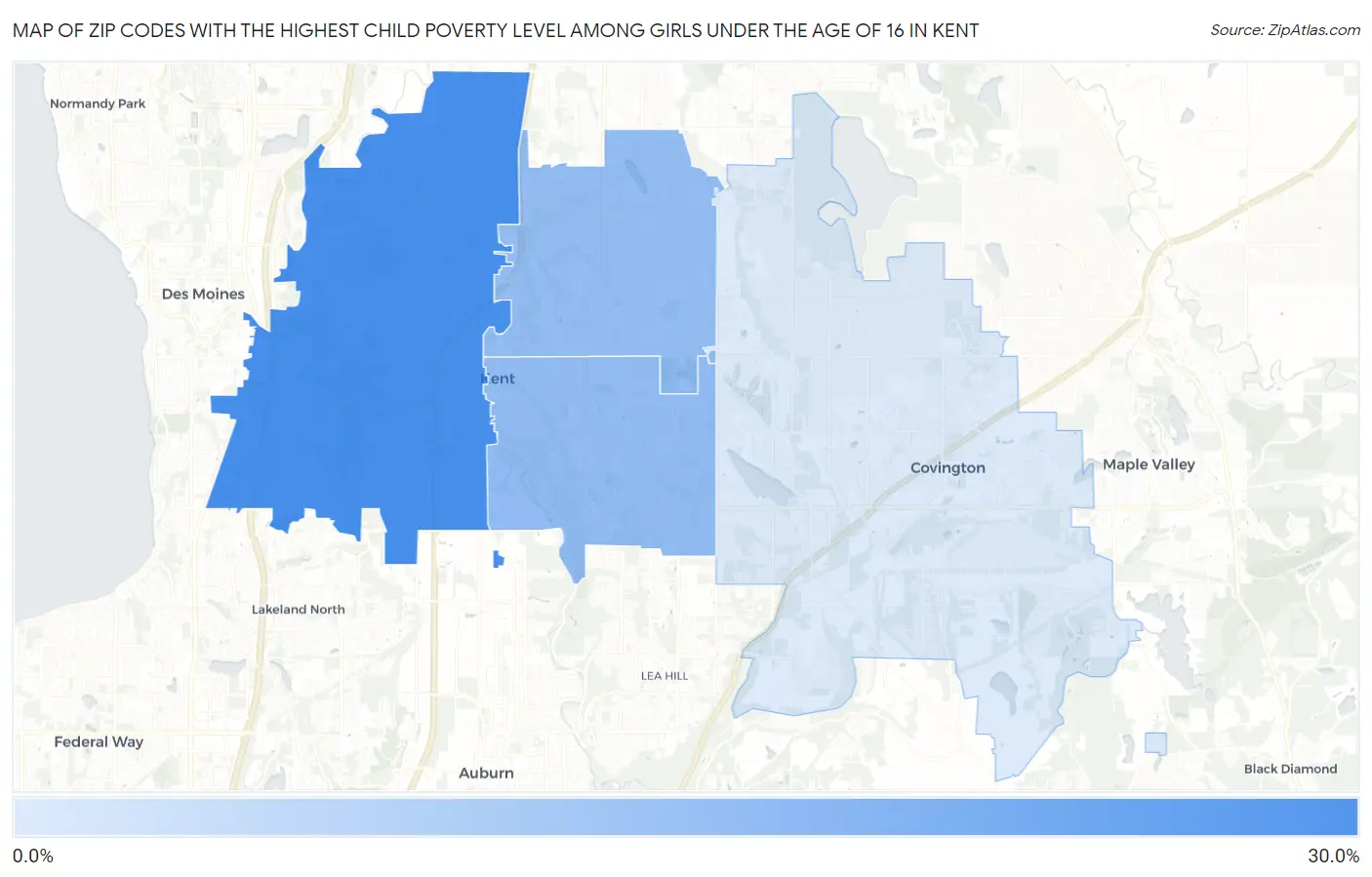 Zip Codes with the Highest Child Poverty Level Among Girls Under the Age of 16 in Kent Map