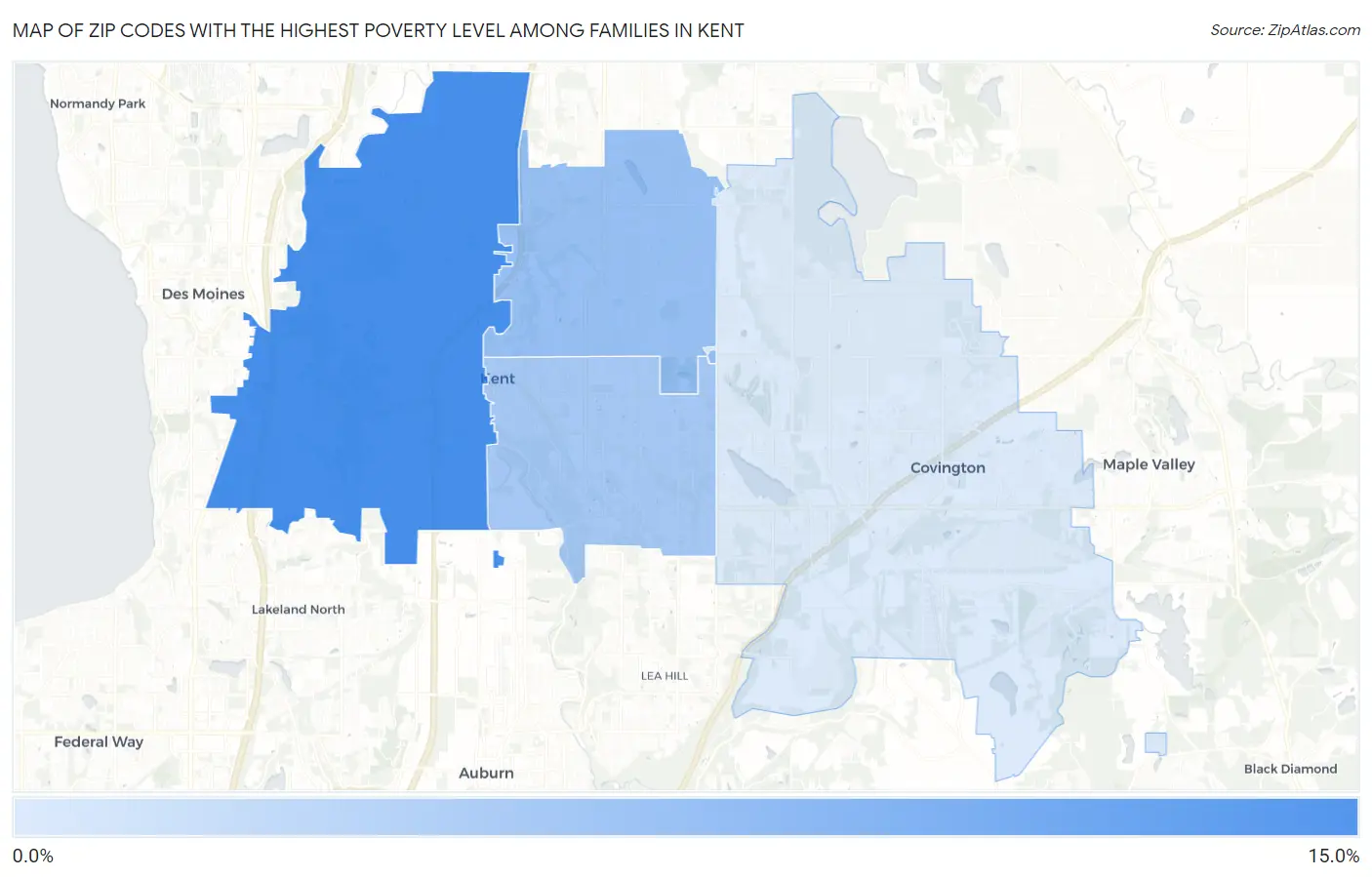 Zip Codes with the Highest Poverty Level Among Families in Kent Map