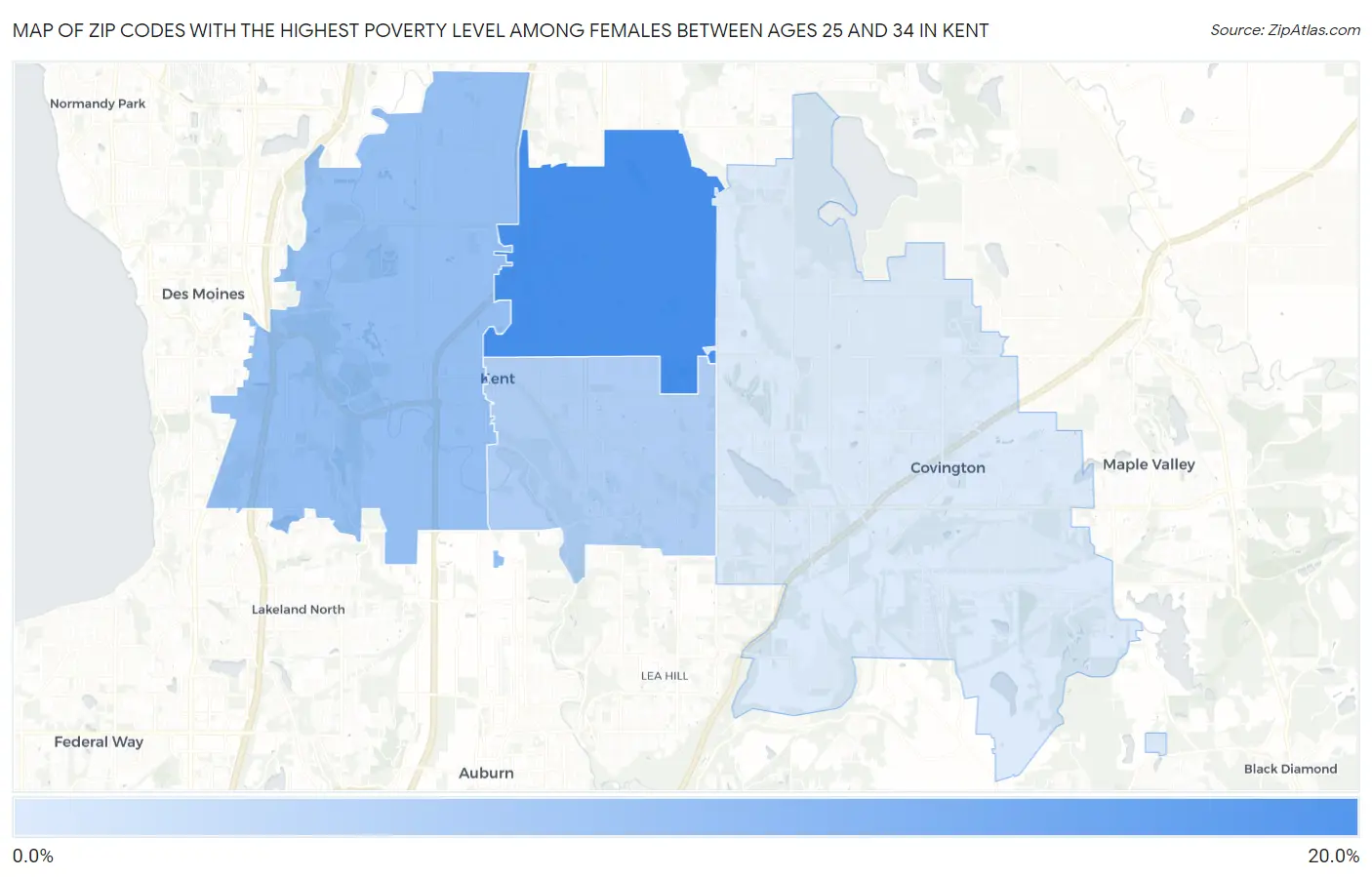 Zip Codes with the Highest Poverty Level Among Females Between Ages 25 and 34 in Kent Map