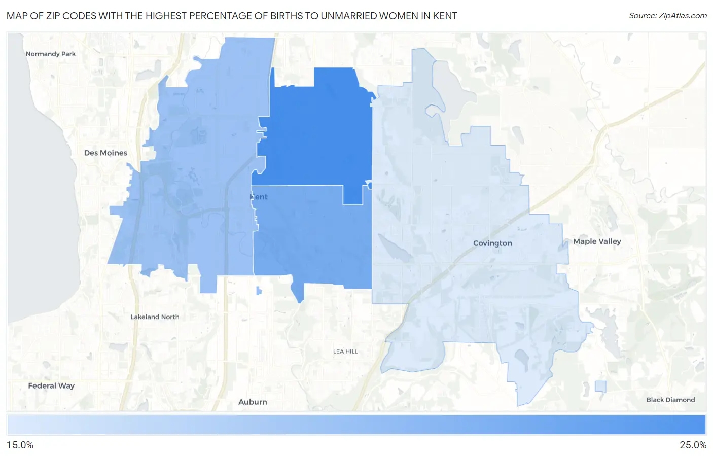 Zip Codes with the Highest Percentage of Births to Unmarried Women in Kent Map