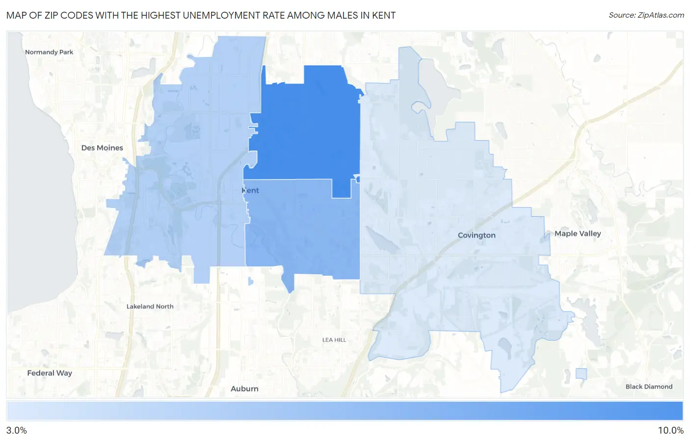 Zip Codes with the Highest Unemployment Rate Among Males in Kent Map