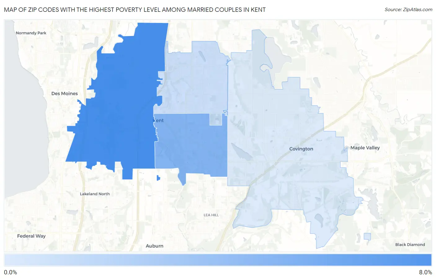 Zip Codes with the Highest Poverty Level Among Married Couples in Kent Map