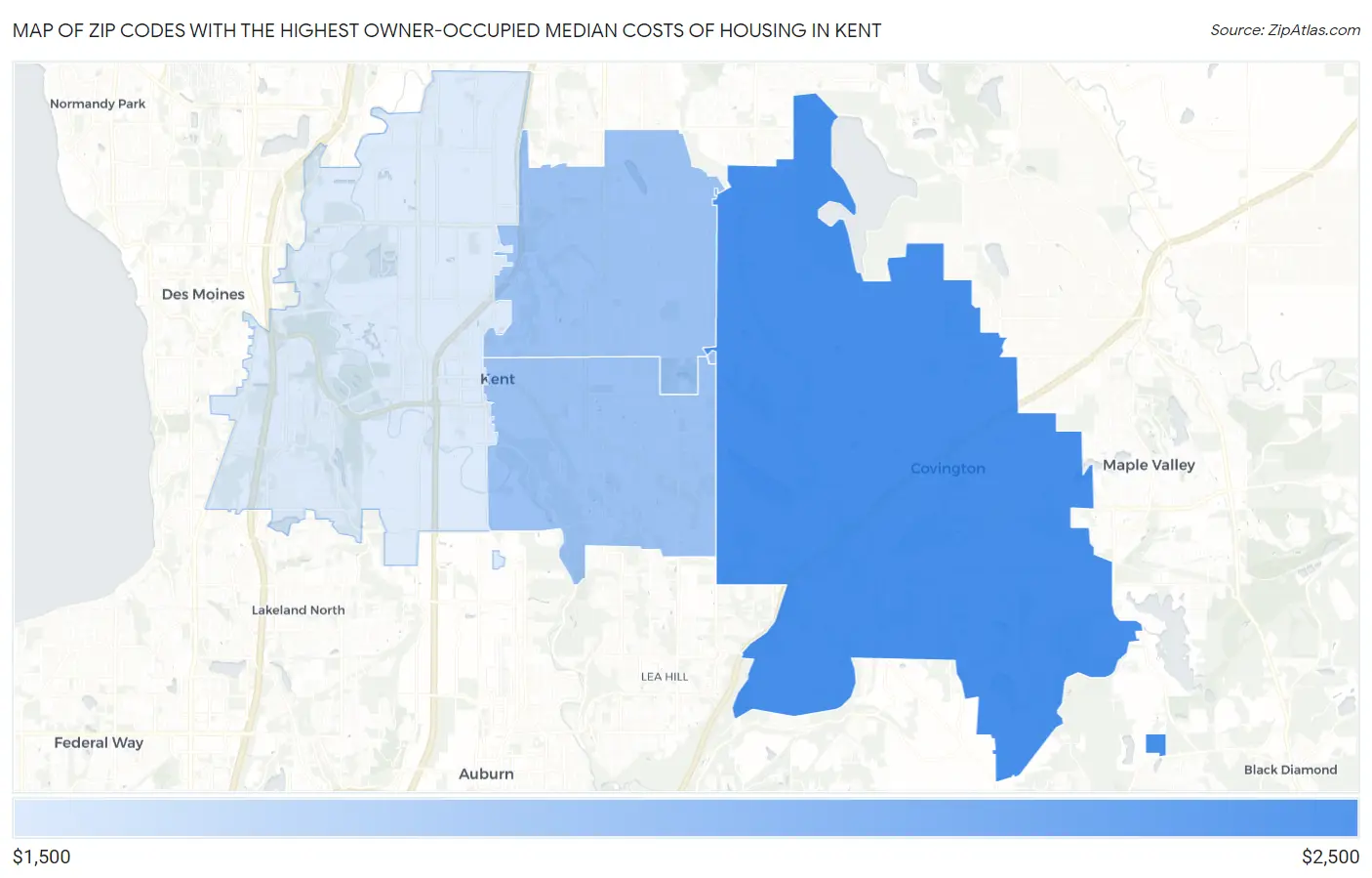 Zip Codes with the Highest Owner-Occupied Median Costs of Housing in Kent Map