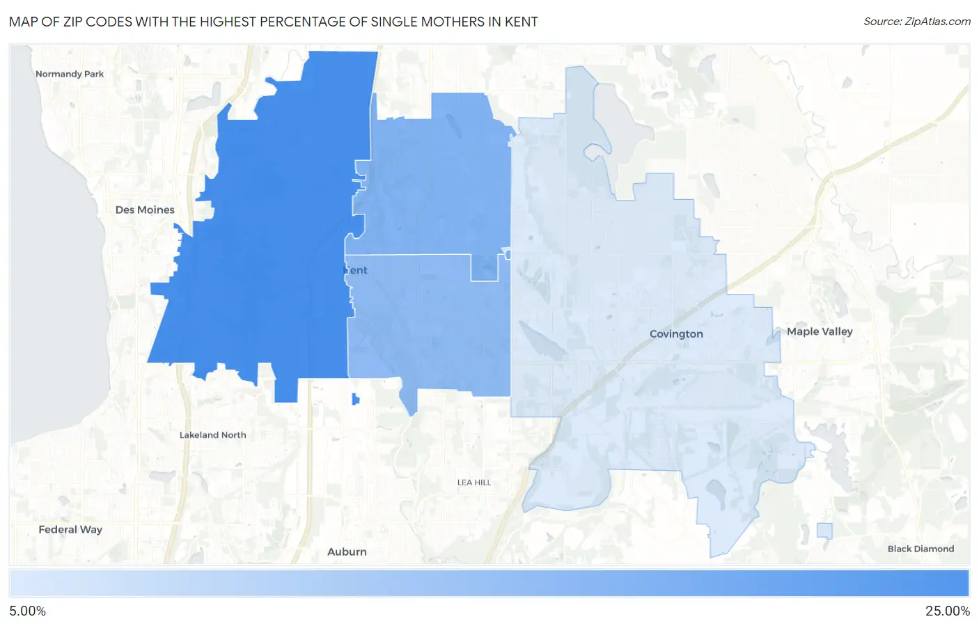 Zip Codes with the Highest Percentage of Single Mothers in Kent Map
