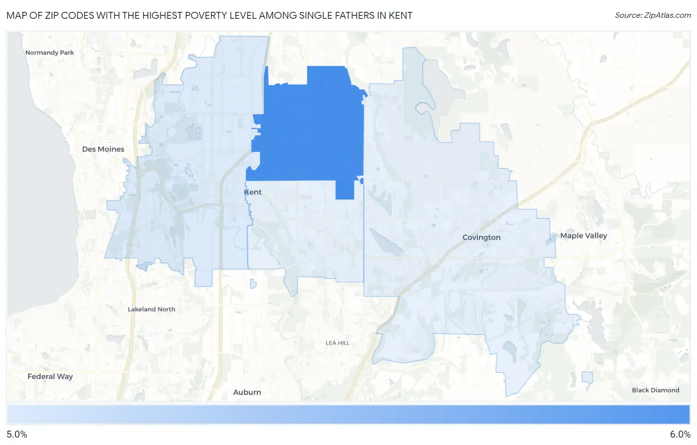 Zip Codes with the Highest Poverty Level Among Single Fathers in Kent Map