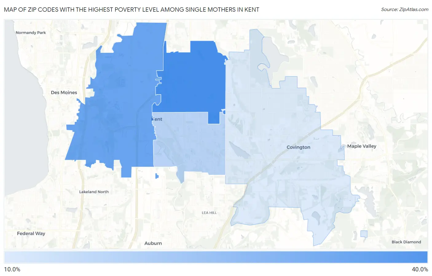 Zip Codes with the Highest Poverty Level Among Single Mothers in Kent Map