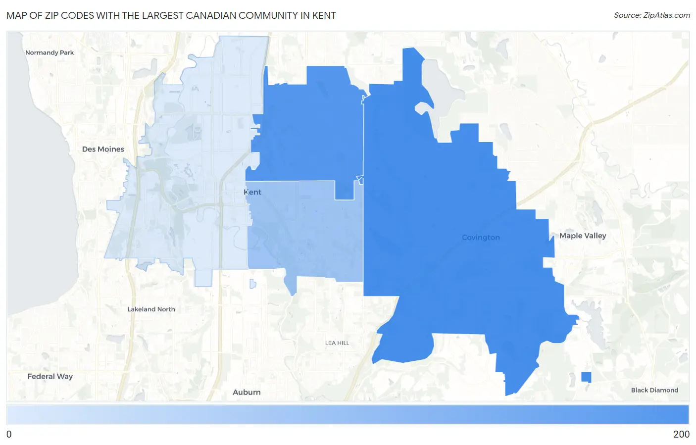 Zip Codes with the Largest Canadian Community in Kent Map