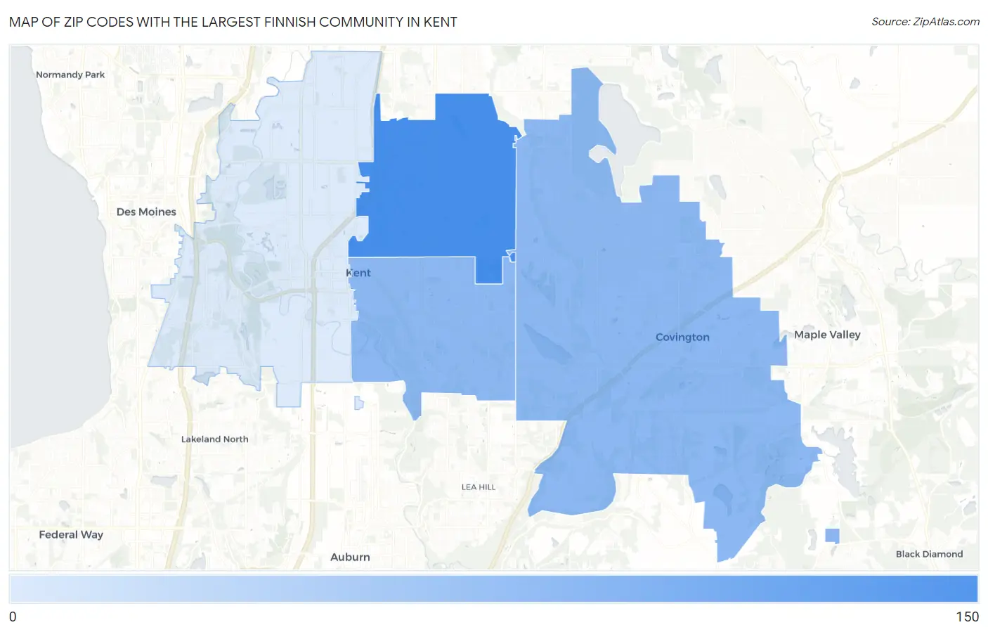 Zip Codes with the Largest Finnish Community in Kent Map