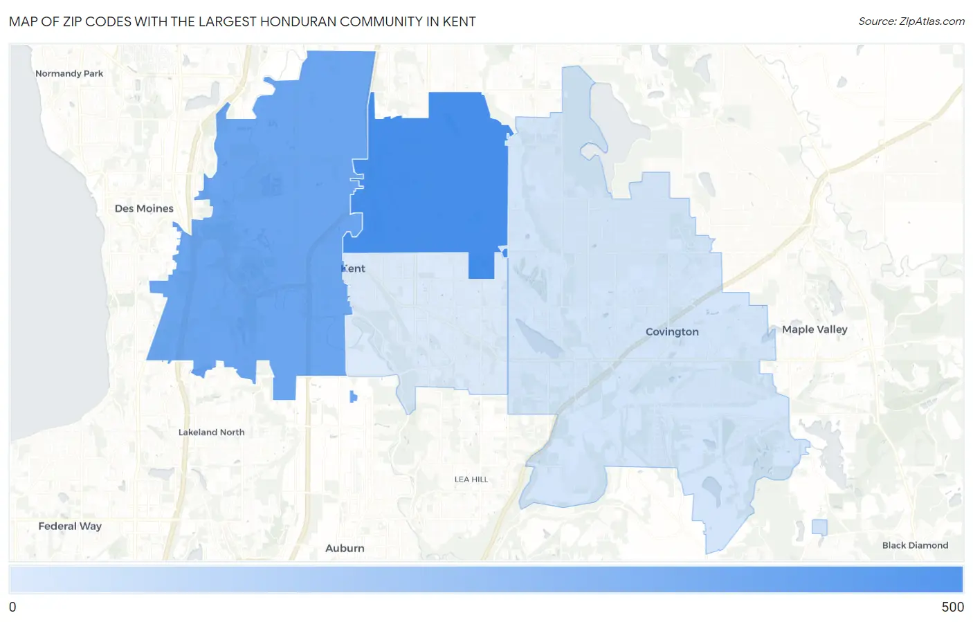 Zip Codes with the Largest Honduran Community in Kent Map