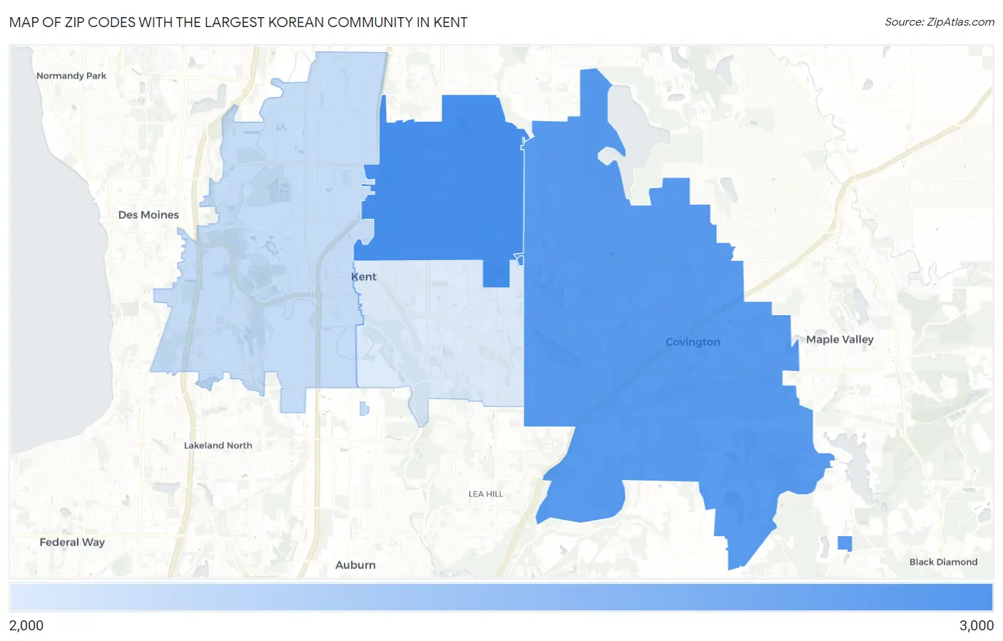 Zip Codes with the Largest Korean Community in Kent Map