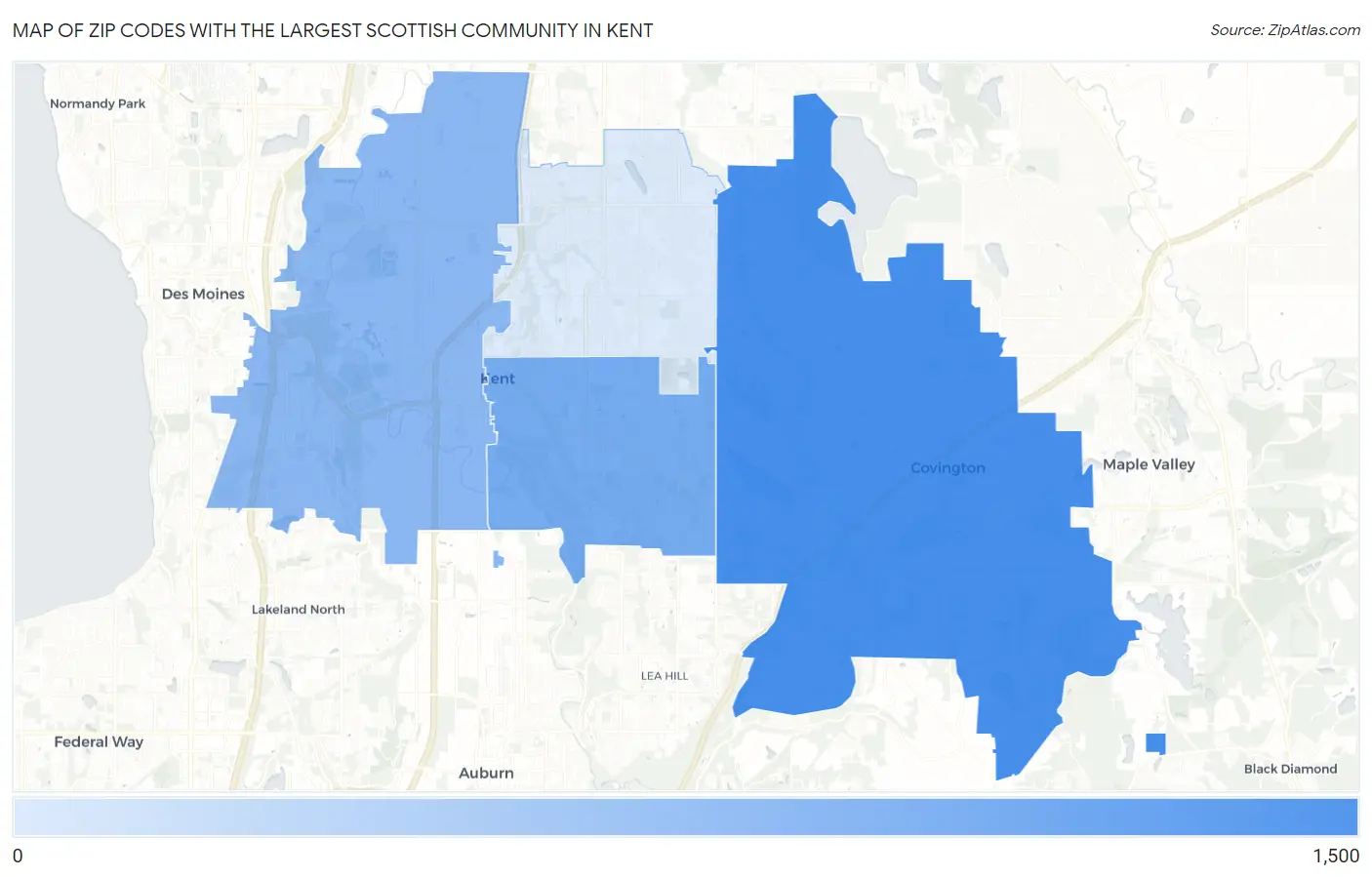 Zip Codes with the Largest Scottish Community in Kent Map