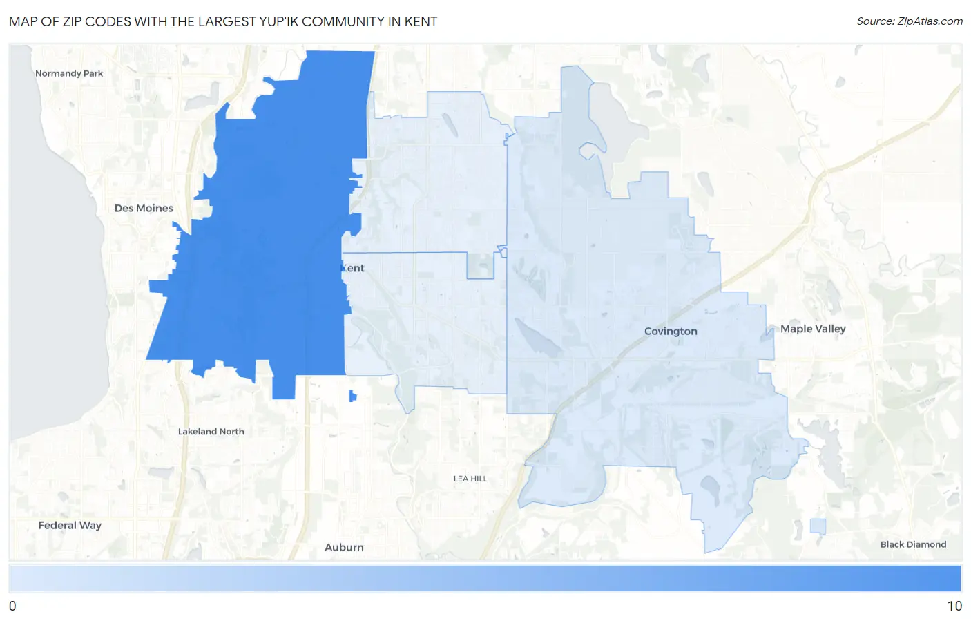 Zip Codes with the Largest Yup'ik Community in Kent Map