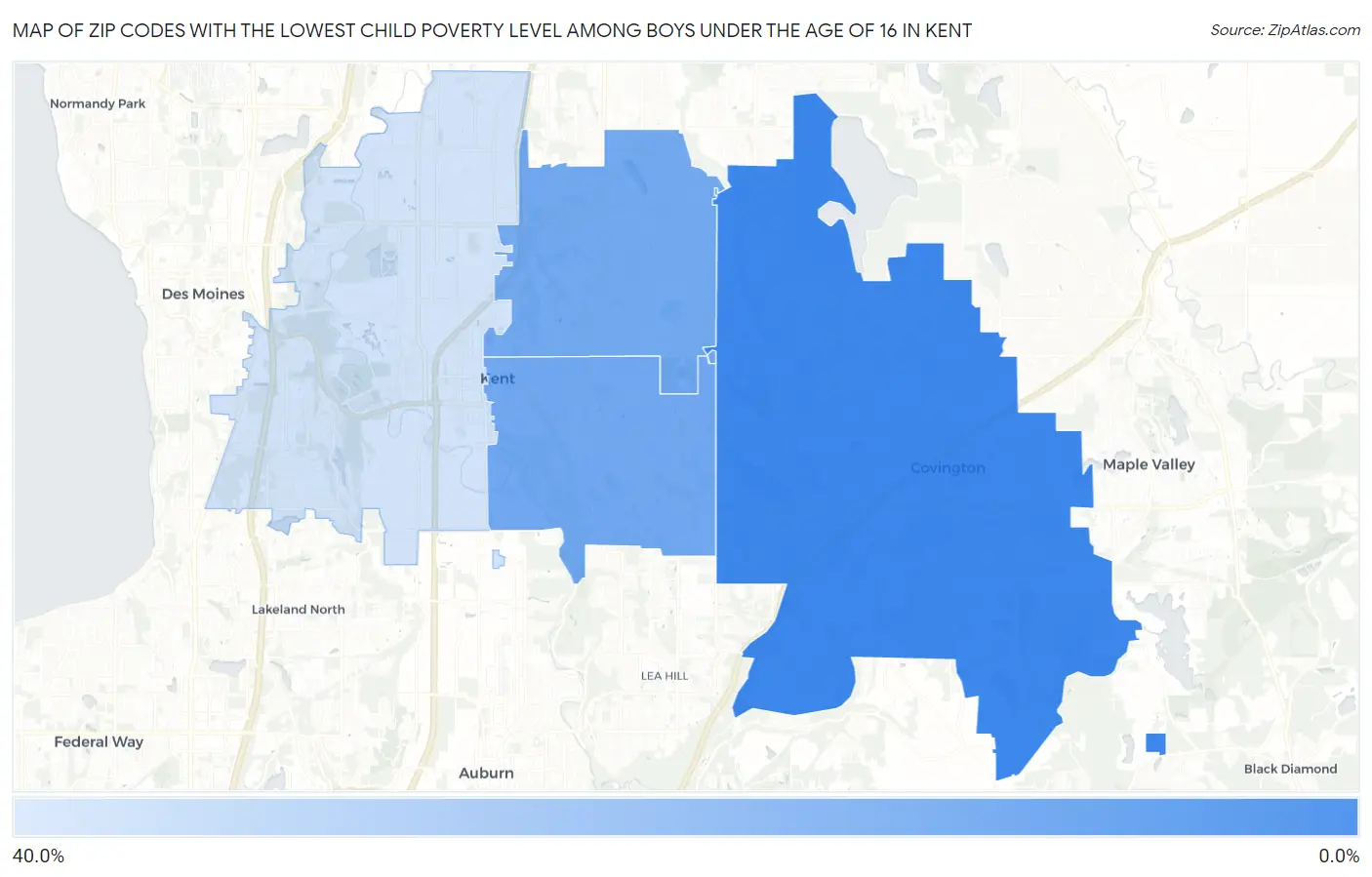 Zip Codes with the Lowest Child Poverty Level Among Boys Under the Age of 16 in Kent Map