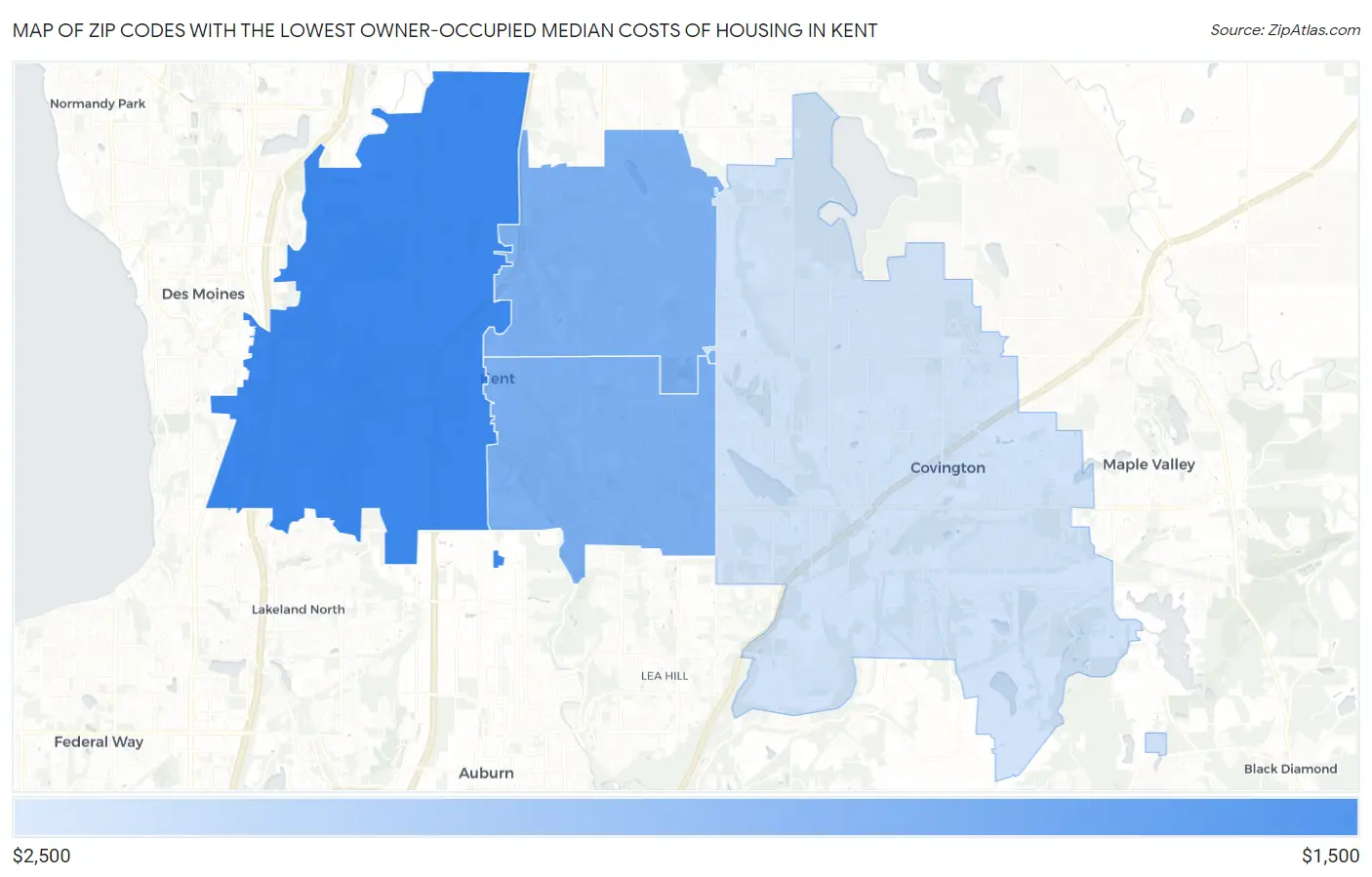 Zip Codes with the Lowest Owner-Occupied Median Costs of Housing in Kent Map