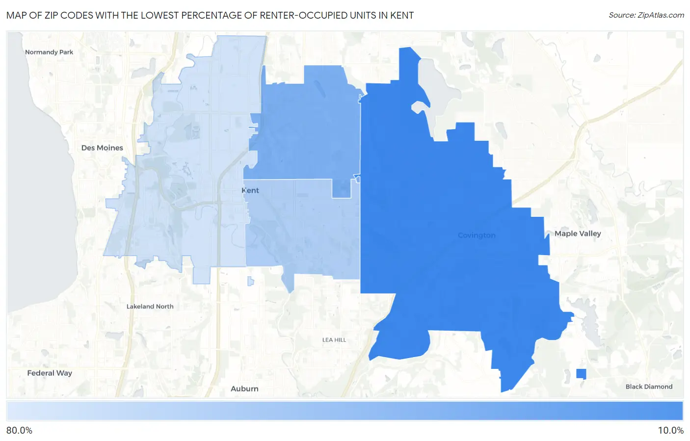 Zip Codes with the Lowest Percentage of Renter-Occupied Units in Kent Map